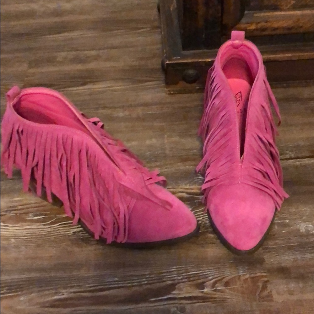 Pink fringe booties